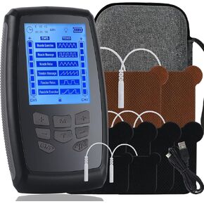 TENS Unit Muscle Stimulator Machine, Dual Channel High Power TENS EMS Machine Device for Neck, PMS, Back and Muscle Pain Relief, Electronic Pulse Massager with 8 Electrode Pads and Travel Case