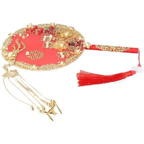 Chinese Vintage Round Fans, Phoenix Shaped Alloy Fan, Gold Flower Hand Holding Fan with Tassel, Wedding Bride Group Fan