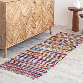 HOMEMONDE Multicolor Chindi Rug 20"x32" - Vintage Handmade Boho Striped Recycled Cotton - Eco-Friendly Braided Traditional Home Décor Front Door Carpet with Fringes