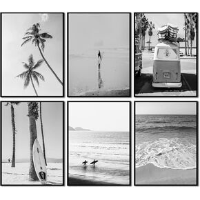 6Pcs Black and White Coastal Posters Canvas Wall art Beach Pictures Prints California OceanTheme Wall Decor Teen Girls Seascape Nautical Surfboard Retro Van Room Decor Printed Matter Unframed 8x10in