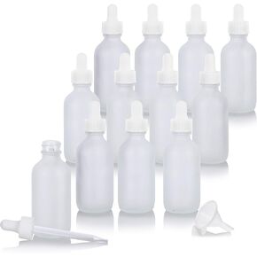 JUVITUS 2 oz Frosted Clear Glass Boston Round White Dropper Bottle (12 pack) + Funnel I Refillable Empty Storage Containers