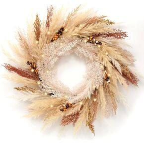 DecorbyHannah Fall Wreath, 24'' Pre-Lit Artificial Pampas Grass Wreath for Front Door, Boho Farmhouse Wall Decor for Thanksgiving Autumn Harvest Home Outdoor Decorations