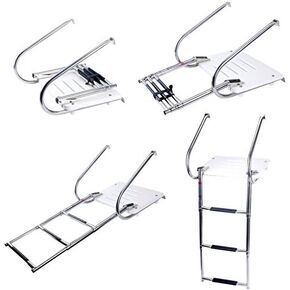 Amarine Made 3 Step in-Board Outboard Transom Platform Telescoping Boat Ladder Stainless Steel with Fiberglass Swim Platform for Swimming Pool Pontoon Dock Collapsible Step Ladder with 2 Handrails