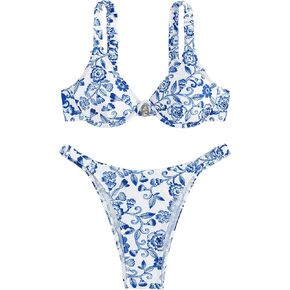 WDIRARA Women's 2 Piece Swimsuit Floral Print Underwire Bra and Thongs Bikini Set