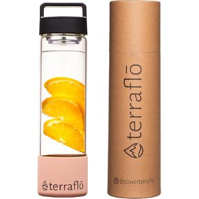Terraflo Fruit Infuser Premium Glass Water Bottle 24 oz (700 mL) - Removable Anti-Slip Silicone Sleeve - Top Handle Lid - Stainless Steel Filter for Infusion - Infused Bottles for All (Black & Tan)