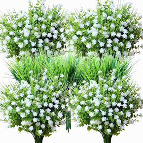 Artificial Fake Flowers Grass Plants Outdoor Summer Decoration, UV Resistant, 14 Bundles Realistic Outside Faux Greenery Plastic Plants Arrangement for Pot Porch Window Box Patio (Red)