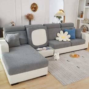 Sofa Seat Cushion Covers - Soft Stretch Sofa Covers Couch Covers for Sectional Sofa, Non Slip Sofa Cushion Covers L Shape, Sofa Slipcovers Couch Chaise Covers Sofa Protector (Grey Weave)