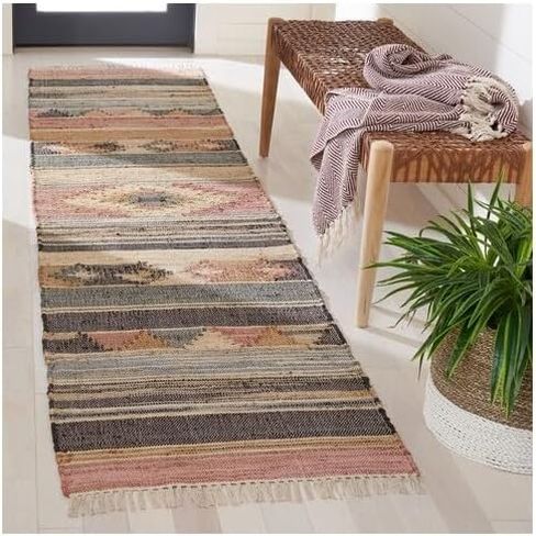 SAFAVIEH Kilim Collection Runner Rug - 2'3" x 8', Blue & Rust, Flat Weave Rustic Tribal Fringe Jute Design, Ideal for High Traffic Areas in Living Room, Bedroom (KLM177M) in Saudi Arabia