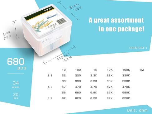 مجموعة متنوعة من المقاومات، عبوة مكونة من 680 قطعة 34 قيمة 1/4 وات 1% (2.2 أوم - 1 ميجا أوم) متوافقة مع RoHS in Saudi Arabia