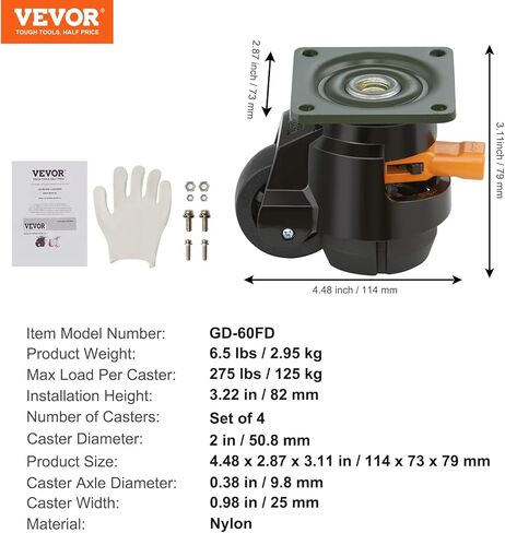عجلات تسوية VEVOR، 4 عجلات دوارة 360 درجة للخدمة الشاقة تحمل ما يصل إلى 1100 رطل، قطر العجلة 2 بوصة، عجلات قابلة للتعديل مع تصميم مقبض وأقدام مطورة لمنضدة العمل والآلة in Saudi Arabia