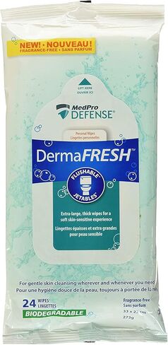 مناديل مبللة شخصية قابلة للتحلل البيولوجي من MedPro Defense Dermafresh، مقاس 9 × 12 بوصة، ناعمة وسميكة، مع محلول تنظيف لطيف، أكبر من معظم المناديل المبللة، 24 منديلًا في كل عبوة in Kuwait