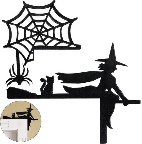 Jetec 2 Pieces Halloween Door Corner Sign Witch on Broom Spider Web Door Corner Decor Wood Halloween Door Corner Sign for Halloween Home and Party Door Right Angle Halloween Sign, Black in Saudi Arabia