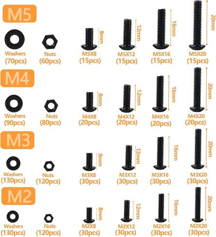 M2 M3 M4 M5 Nuts and Bolts Washers Assorted Set,1180pcs Black Hex Socket Head Cap Screws Bolts and Nuts Kit, Thread Machine Hex Bolt Set Fastener Repair Tools Assortment Kit in Saudi Arabia