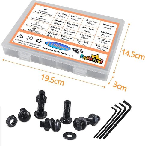 M2 M3 M4 M5 Nuts and Bolts Washers Assorted Set,1180pcs Black Hex Socket Head Cap Screws Bolts and Nuts Kit, Thread Machine Hex Bolt Set Fastener Repair Tools Assortment Kit in Saudi Arabia