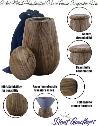 Keepsake Urn | Wooden Grain Finish Keepsake Cremation Urn for Ashes | Metal Sharing Urn for Human or Pets Ashes | Mini Memorial Urn with Velvet Bag (Silver Teak) in Saudi Arabia