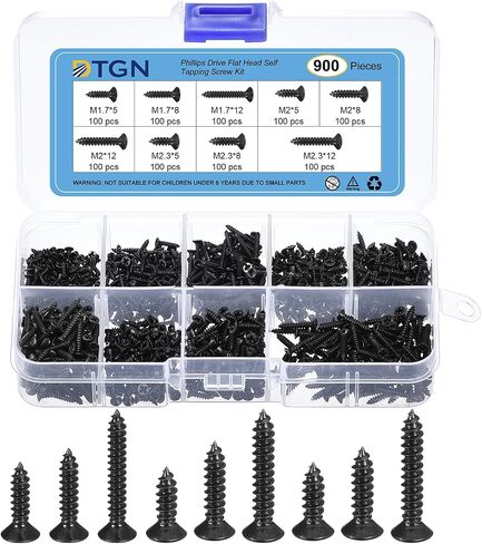 900Pcs Wood Screws Assortment Kit - 9 Sizes Carbon Steel M1.7/M2/M2.3 Phillips Flat Head Self Tapping Screws - for Woodworking, Furniture - Black in Saudi Arabia