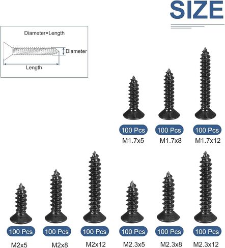 900Pcs Wood Screws Assortment Kit - 9 Sizes Carbon Steel M1.7/M2/M2.3 Phillips Flat Head Self Tapping Screws - for Woodworking, Furniture - Black in Saudi Arabia