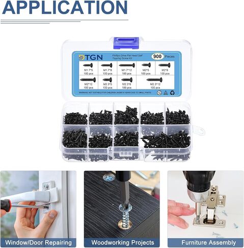 900Pcs Wood Screws Assortment Kit - 9 Sizes Carbon Steel M1.7/M2/M2.3 Phillips Flat Head Self Tapping Screws - for Woodworking, Furniture - Black in Saudi Arabia