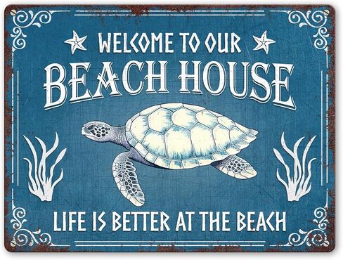 Artsy Woodsy Beach Life Beach House Turtle Metal Tin Sign جدار اللوحة الفنية، الحياة أفضل على الشاطئ، BeachyNautical Cottage Summer Tiki Home ديكور خارجي، هدية هووسورمينغ لمحبي الشاطئ in Kuwait
