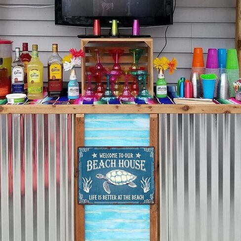 Artsy Woodsy Beach Life Beach House Turtle Metal Tin Sign جدار اللوحة الفنية، الحياة أفضل على الشاطئ، BeachyNautical Cottage Summer Tiki Home ديكور خارجي، هدية هووسورمينغ لمحبي الشاطئ in Kuwait