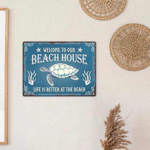 Artsy Woodsy Beach Life Beach House Turtle Metal Tin Sign جدار اللوحة الفنية، الحياة أفضل على الشاطئ، BeachyNautical Cottage Summer Tiki Home ديكور خارجي، هدية هووسورمينغ لمحبي الشاطئ in Kuwait