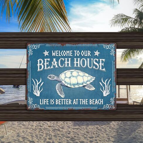 Artsy Woodsy Beach Life Beach House Turtle Metal Tin Sign جدار اللوحة الفنية، الحياة أفضل على الشاطئ، BeachyNautical Cottage Summer Tiki Home ديكور خارجي، هدية هووسورمينغ لمحبي الشاطئ in Kuwait