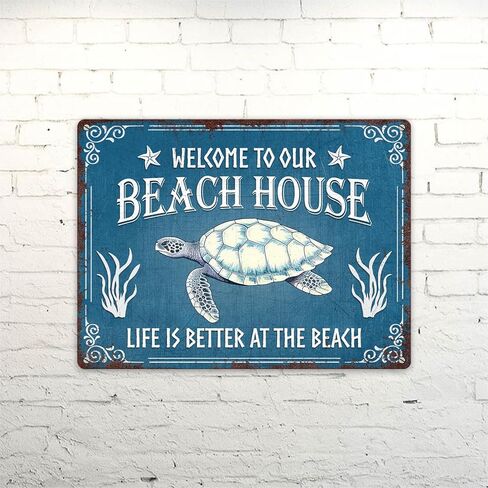 Artsy Woodsy Beach Life Beach House Turtle Metal Tin Sign جدار اللوحة الفنية، الحياة أفضل على الشاطئ، BeachyNautical Cottage Summer Tiki Home ديكور خارجي، هدية هووسورمينغ لمحبي الشاطئ in Kuwait