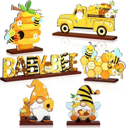 6 Piece Bee Baby Shower Decorations Bee Table Decor Honeybee Bee Gnome Honeycomb Wooden Table Signs Bee Table Centerpiece for Baby Shower Bee Birthday Party Decorations in Saudi Arabia