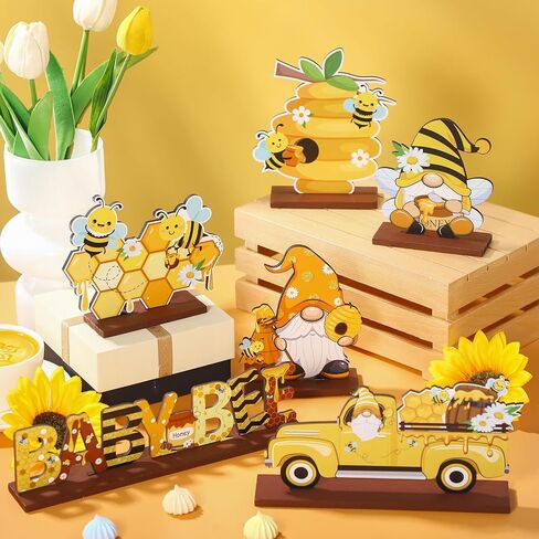 6 Piece Bee Baby Shower Decorations Bee Table Decor Honeybee Bee Gnome Honeycomb Wooden Table Signs Bee Table Centerpiece for Baby Shower Bee Birthday Party Decorations in Saudi Arabia