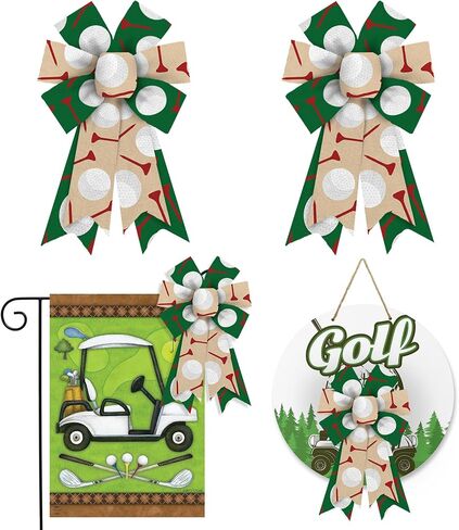 2PCS Golf Bow for Wreath, Sport Golf Balls Bow for Front Door, Burlap Green Golf Balls & Tee Wreath Bow for Sport Team Decoration Party Supplies Indoor Outdoor Wall Ornament Tree Topper in Saudi Arabia