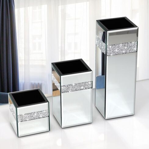Crushed Diamond Mirrored Vase Pack of 3 Pieces Small Middle Large. Crystal Silver Mirror Glass Stunning Decorative Flower Vase Luxury for Home Decor. Can’t Hold Water. in Saudi Arabia