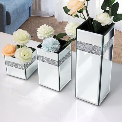 Crushed Diamond Mirrored Vase Pack of 3 Pieces Small Middle Large. Crystal Silver Mirror Glass Stunning Decorative Flower Vase Luxury for Home Decor. Can’t Hold Water. in Saudi Arabia