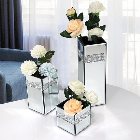 Crushed Diamond Mirrored Vase Pack of 3 Pieces Small Middle Large. Crystal Silver Mirror Glass Stunning Decorative Flower Vase Luxury for Home Decor. Can’t Hold Water. in Saudi Arabia