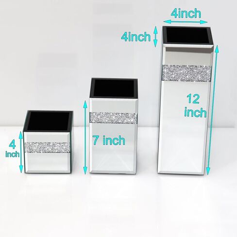 Crushed Diamond Mirrored Vase Pack of 3 Pieces Small Middle Large. Crystal Silver Mirror Glass Stunning Decorative Flower Vase Luxury for Home Decor. Can’t Hold Water. in Saudi Arabia