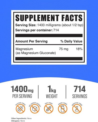 BulkSupplements.com Magnesium Gluconate Powder - Magnesium Gluconate Supplement, Essential & Gluten Free - 1400mg (75mg of Magnesium) per Serving, 500g (1.1 lbs) (Pack of 1) in Saudi Arabia