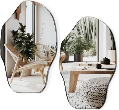 Oktokki - Irregular Wall Mirror, Set of 2, 28.7 x 17.7, Asymmetrical Curvy Groovy Blob Decor for Living Room Entryway Bathroom, Glass in Saudi Arabia