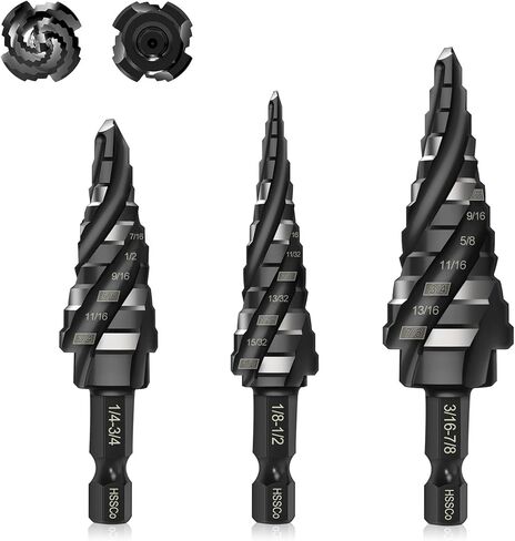Step Drill Bits,Lytool 3Pcs,1/8"-7/8" Titanium Four Spiral Flute Cobalt Unibit Step Bit Set for Metal,1/4" Hex Shank M35 High Speed Steel Bit for Metal,Stainless Steel,Aluminum,Wood,Plastic in Kuwait