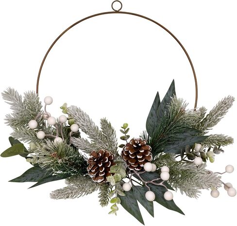 ديكور المنزل من ستراتون، نباتات شتوية خضراء مع التوت وأكواز الصنوبر، إكليل جداري، سهل التعليق، إكليل عيد الميلاد الداخلي الريفي للأبواب والجدران مع شماعة حلقة معدنية 3 بوصة × 19 بوصة × 16 بوصة in Kuwait