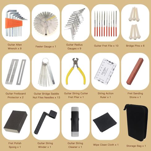 طقم أدوات إصلاح الجيتار 45 قطعة - أدوات إعداد وصيانة احترافية مع مسطرة عمل سلسلة، ملفات تاج الحنق - مجموعة أدوات الجيتار للكهرباء والصوت والجيتار الباس والقيثارة in Kuwait