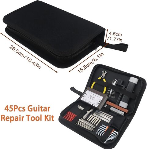 طقم أدوات إصلاح الجيتار 45 قطعة - أدوات إعداد وصيانة احترافية مع مسطرة عمل سلسلة، ملفات تاج الحنق - مجموعة أدوات الجيتار للكهرباء والصوت والجيتار الباس والقيثارة in Kuwait