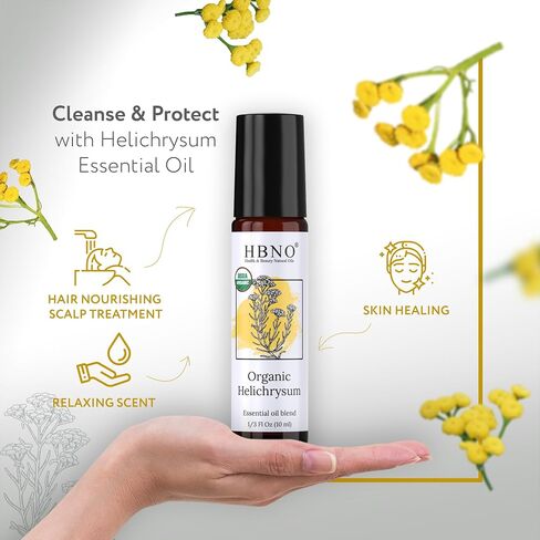 HBNO Organic Helichrysum Italicum Essential Oil Roll-On - 1/3 oz (10 ml) Travel Size - USDA Certified Organic Lavender and Mct Oils - Perfect for Traveling, Aromatherapy, Massage, perfumes, in Saudi Arabia