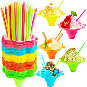 200Pcs 4oz Snow Cone Cups with Spoon Straws,Flower Shaped Ice Cream Snacks Cup,Colorful Reusable Plastic Bowls Easy Grip for Kids Holiday Summer Beach Party Birthday