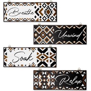 Hoemwarm 4 Pcs Aztec Bathroom Wall Decor Aztec Bathroom Wooden Sign Boho Bathroom Sign Wall Art Western Farmhouse Home Wall Art Relax Soak Unwind Breathe Laundry Room Wood Decorations in Kuwait