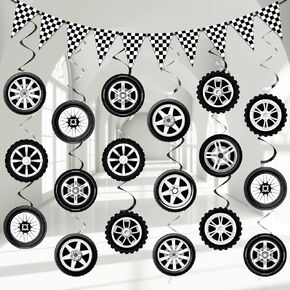 Race Car Birthday Party Decorations Black and White Checkered Flag Banner and Wheel Tire Hanging Swirls Ceiling Hanging Decor Supplies for Race Car Theme Birthday Party Baby Shower Favors