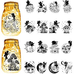 CREATCABIN 16Pcs Fairy Angel Silhouettes Mason Jar Decor Mushroom Laser Cut Cardboard Scrapbook Cutouts Die Cuts PVC for Crafting Lantern Jars Wall Painting window Glass Phones 3.9x3.5Inch-No Sticker