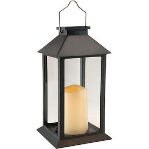 LumaBase Solar Powered Lantern with LED Candle, Traditional, Black, 11", 62401