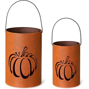 Glitzhome 2 Pack Halloween Cutout Pumpkin Lantern Candle Holder Bucket Thanksgiving Metal Standing or Hanging Porch Signs Decor, Orange