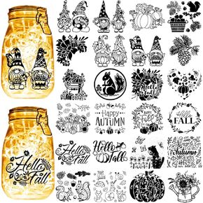 CREATCABIN 24Pcs Mason Jar Decals Gnome Silhouettes Mason Jar Decor Autumn Theme Lantern Cutouts Squirrel Pumpkin Silhouette for Wall Window Scrapbook Decor Supplies Black 3.9x3.5Inch(No Sticker)