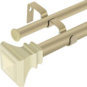 1 inch Double Window Curtain Rod with Resin Finial,36-72 inch,Champagne Gold
