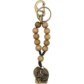 VILLAGE GIFT IMPORTERS Saint Michael Decade Rosary Keychain | Clip and Jump Ring | Patron Saint of Grocery Workers, Police, and Military Members | Wooden Beads and Distressed Gold-Tone Metal